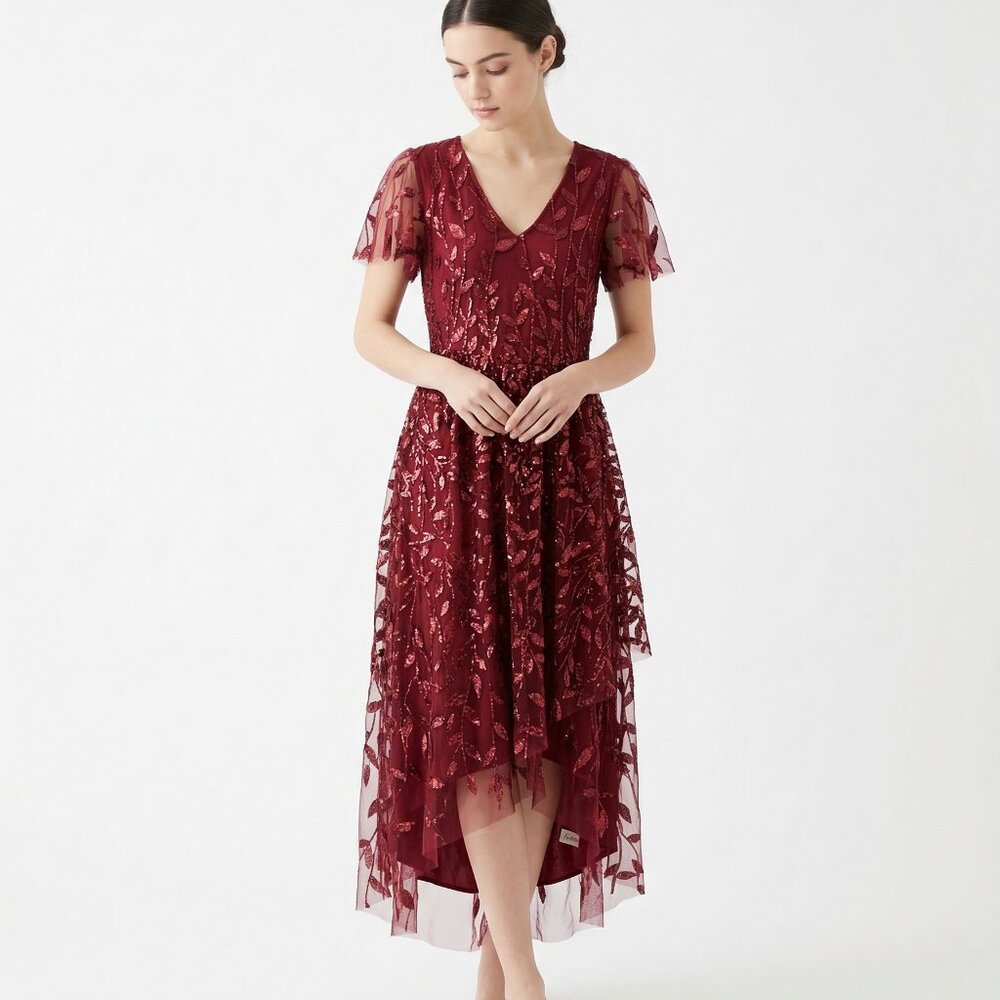 Zomva Dress Red Mesh Metallic Leaf Sequins Hi-Low Maxi Wedding Formal Red 0XL